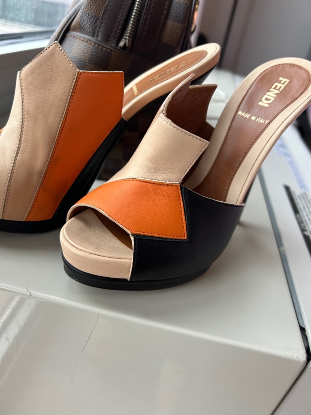 Fendi Tri-Panel Leather Mule Sandals in Orange, Beige & Black